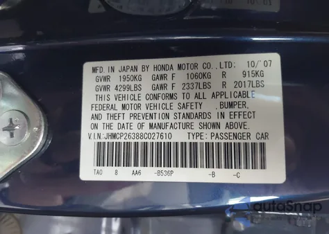 2008 Honda Accord 2.4 Lx from USA, damaged, VIN JHMCP26388C027610